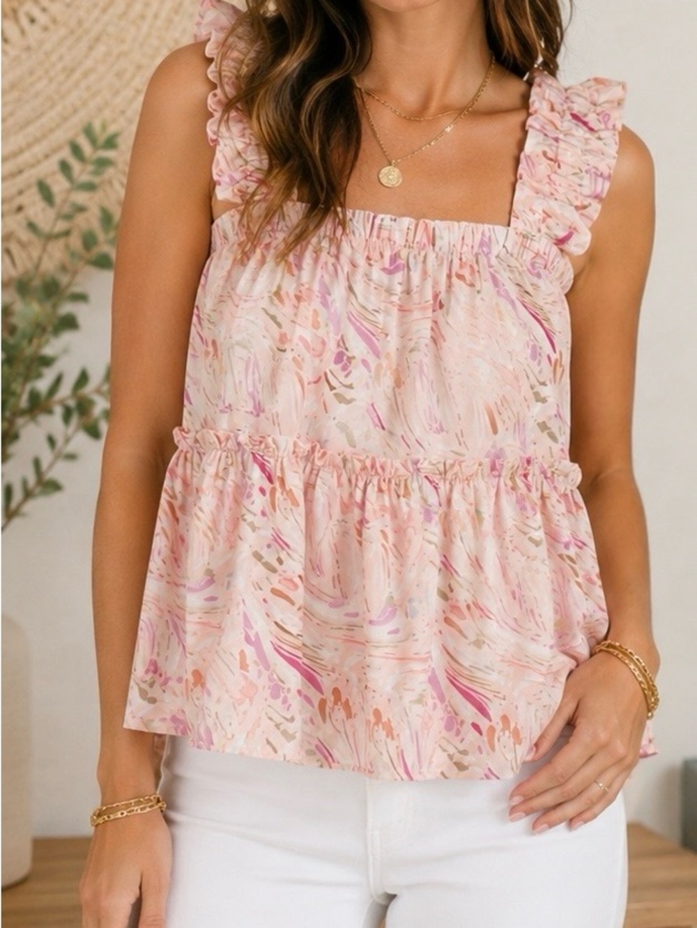 Entro Abstract Print Ruffle Strap Babydoll Tank Top Size Large Boutique - Picture 2 of 9